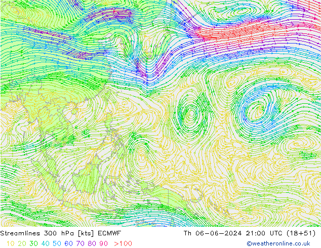 Linea di flusso 300 hPa ECMWF gio 06.06.2024 21 UTC