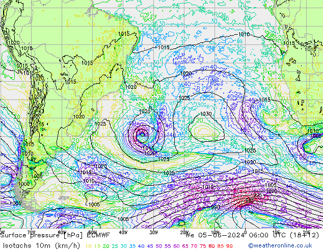 Isotachs (kph) ECMWF We 05.06.2024 06 UTC