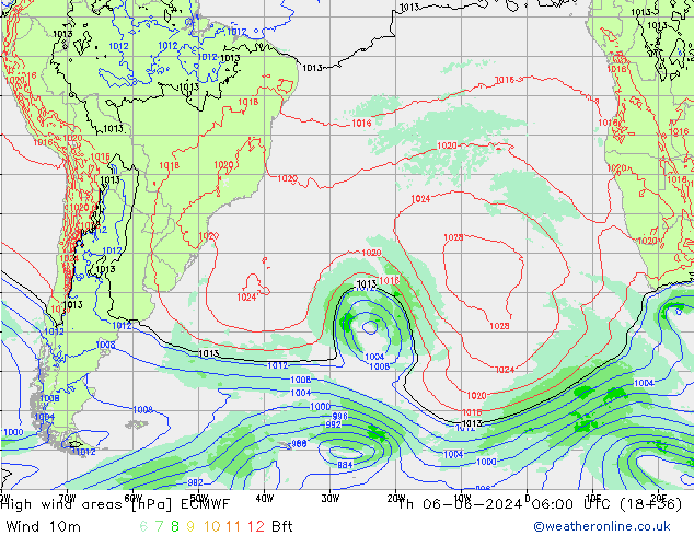 High wind areas ECMWF jue 06.06.2024 06 UTC