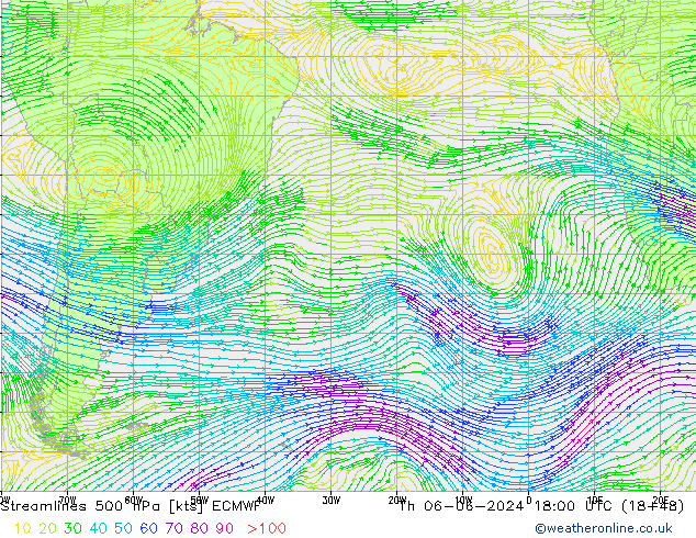 Línea de corriente 500 hPa ECMWF jue 06.06.2024 18 UTC