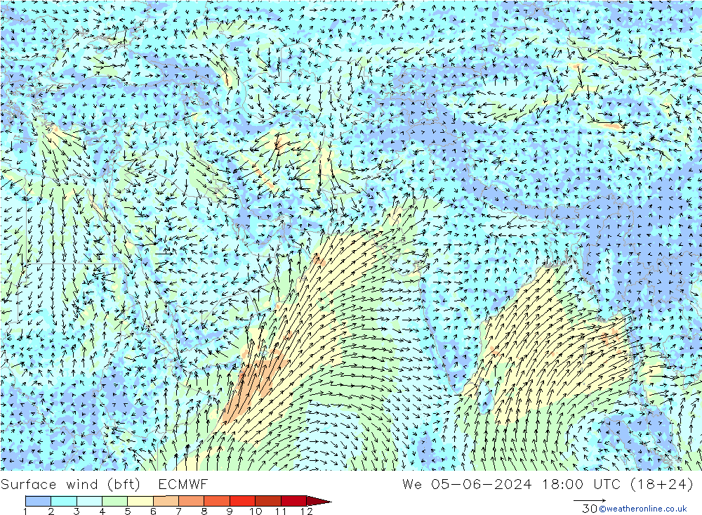 Vento 10 m (bft) ECMWF Qua 05.06.2024 18 UTC