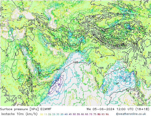 Isotachs (kph) ECMWF mer 05.06.2024 12 UTC