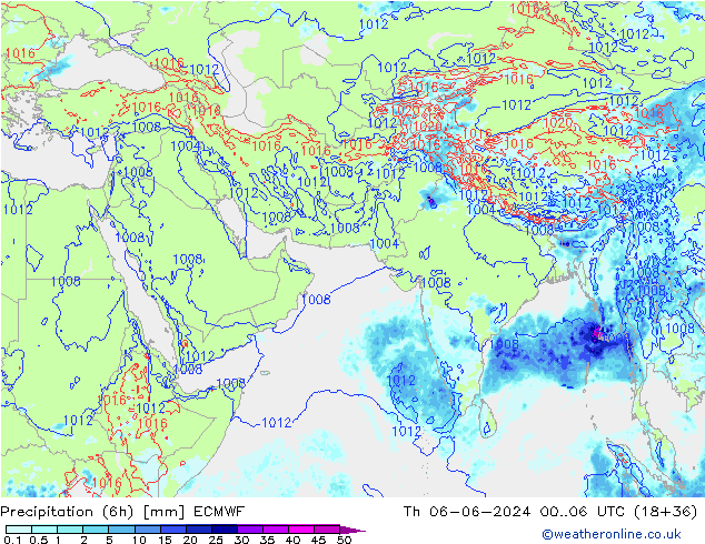 Prec 6h/Wind 10m/950 ECMWF czw. 06.06.2024 06 UTC