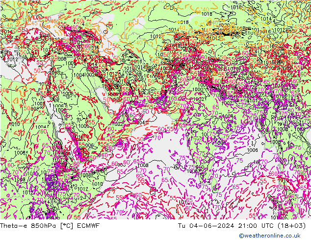 Theta-e 850hPa ECMWF 星期二 04.06.2024 21 UTC