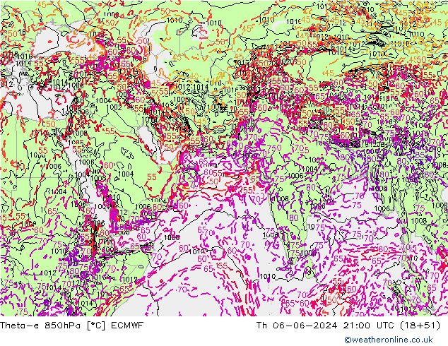 Theta-e 850hPa ECMWF gio 06.06.2024 21 UTC