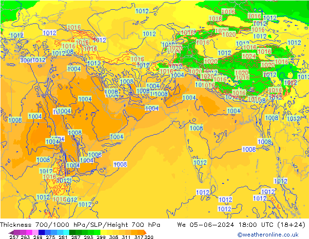 Thck 700-1000 hPa ECMWF śro. 05.06.2024 18 UTC