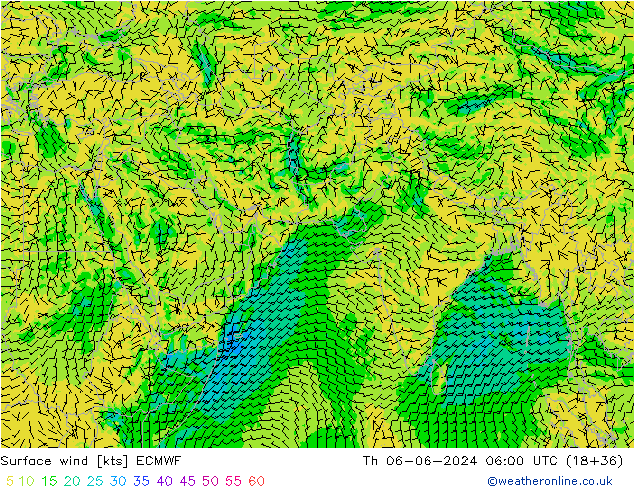 Prec 6h/Wind 10m/950 ECMWF czw. 06.06.2024 06 UTC