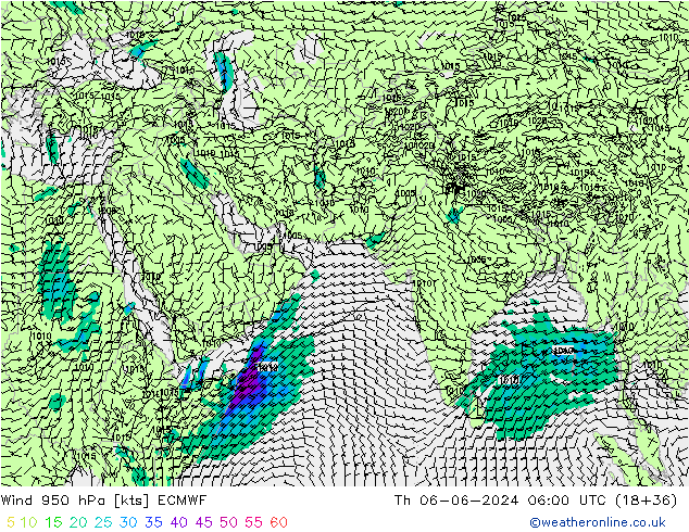 Prec 6h/Wind 10m/950 ECMWF czw. 06.06.2024 06 UTC