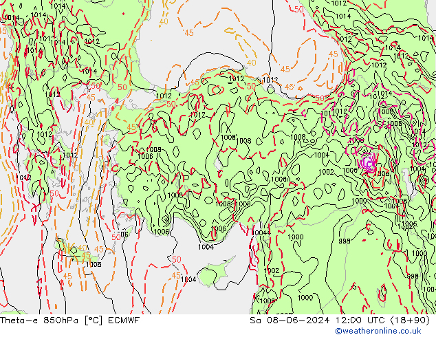 Theta-e 850hPa ECMWF za 08.06.2024 12 UTC