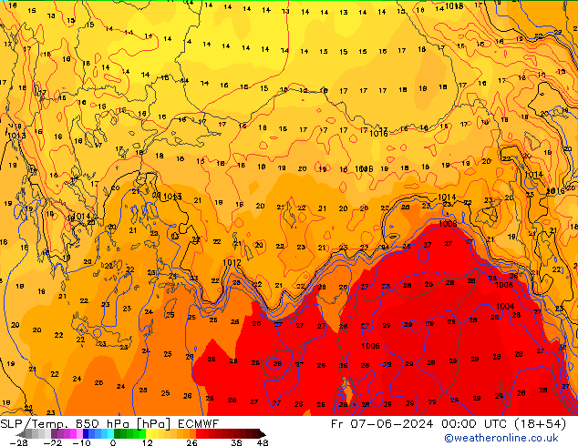 SLP/Temp. 850 гПа ECMWF пт 07.06.2024 00 UTC