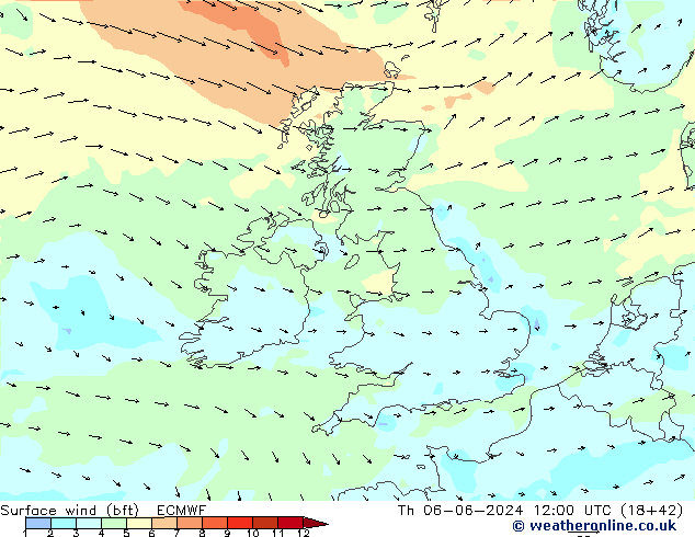  10 m (bft) ECMWF  06.06.2024 12 UTC