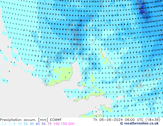 Precipitation accum. ECMWF czw. 06.06.2024 06 UTC