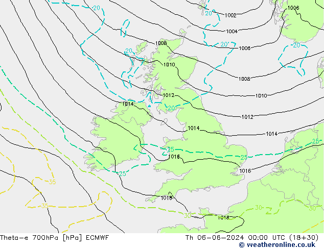 Theta-e 700hPa ECMWF czw. 06.06.2024 00 UTC