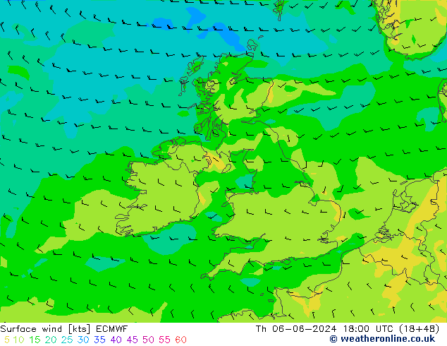 Viento 10 m ECMWF jue 06.06.2024 18 UTC