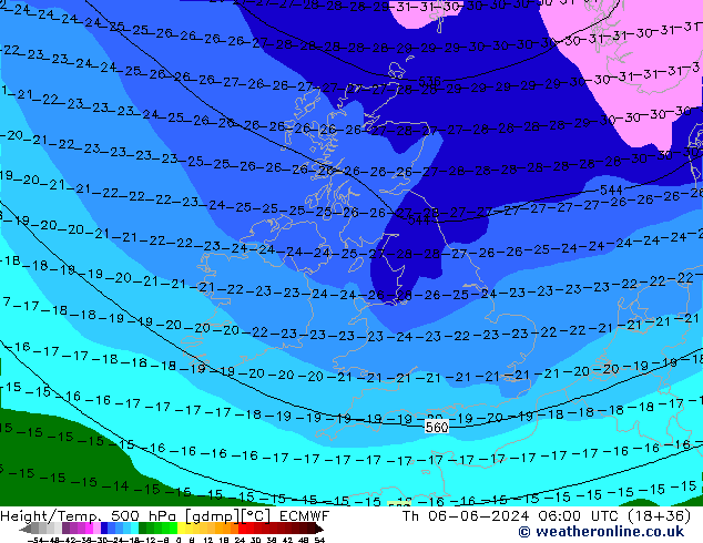 Z500/Rain (+SLP)/Z850 ECMWF gio 06.06.2024 06 UTC