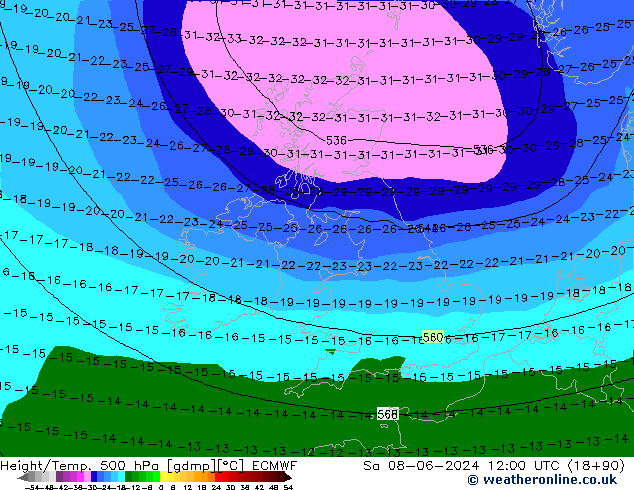 Height/Temp. 500 hPa ECMWF  08.06.2024 12 UTC