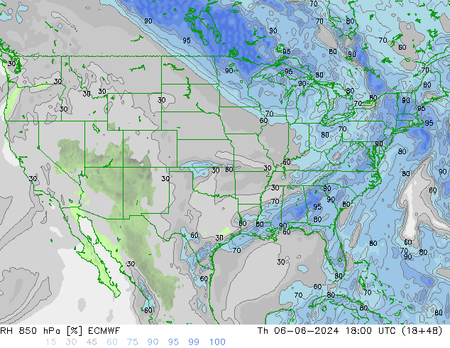 RH 850 hPa ECMWF czw. 06.06.2024 18 UTC