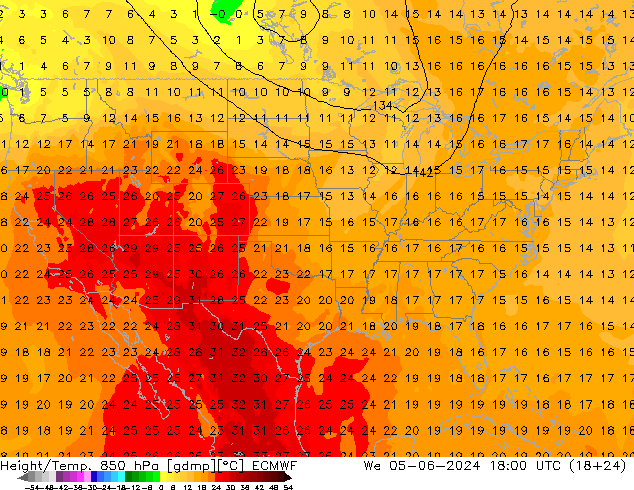 Height/Temp. 850 hPa ECMWF śro. 05.06.2024 18 UTC