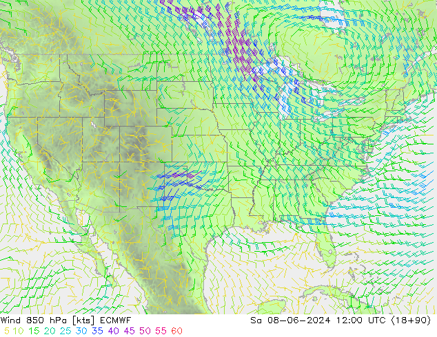 Vento 850 hPa ECMWF Sáb 08.06.2024 12 UTC