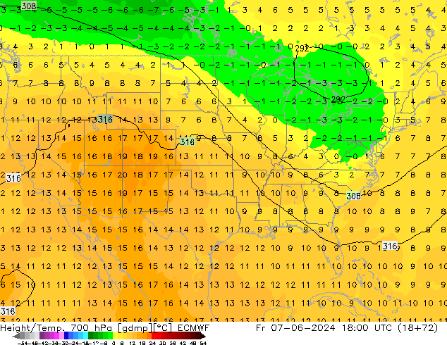 Height/Temp. 700 hPa ECMWF Fr 07.06.2024 18 UTC