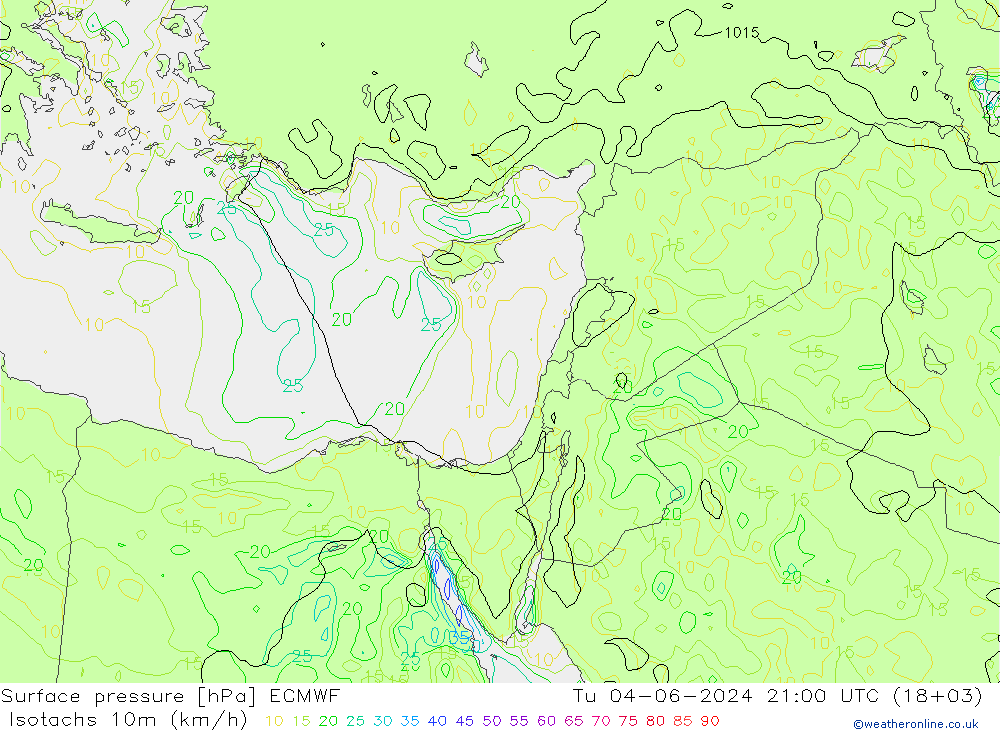 Isotachs (kph) ECMWF Út 04.06.2024 21 UTC