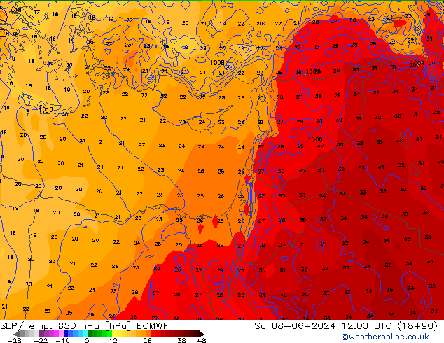 SLP/Temp. 850 hPa ECMWF Sáb 08.06.2024 12 UTC