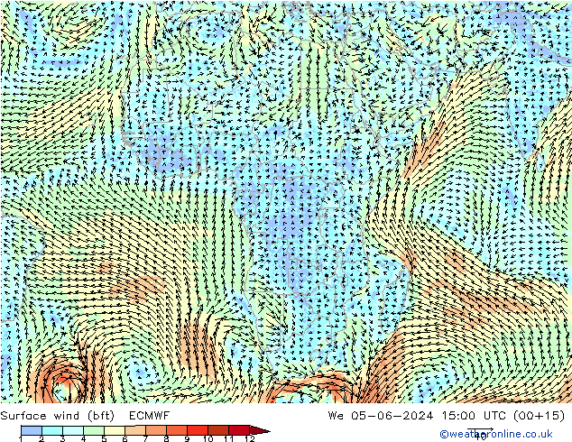wiatr 10 m (bft) ECMWF śro. 05.06.2024 15 UTC