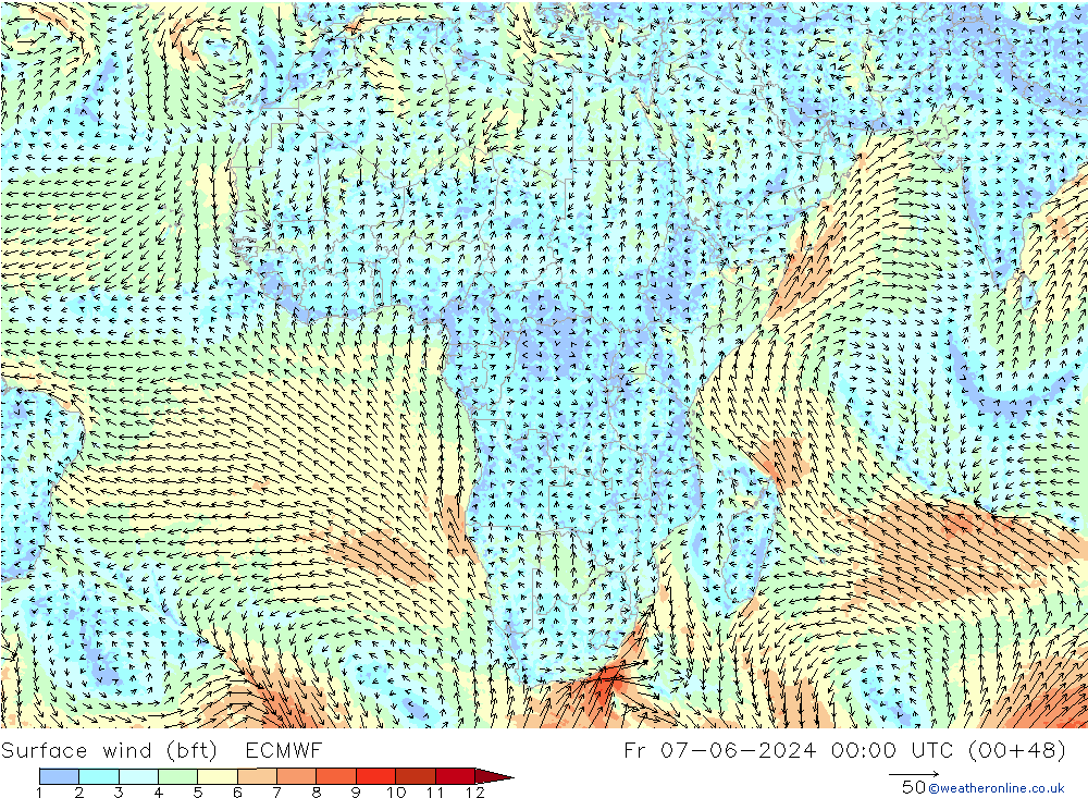 Vento 10 m (bft) ECMWF Sex 07.06.2024 00 UTC