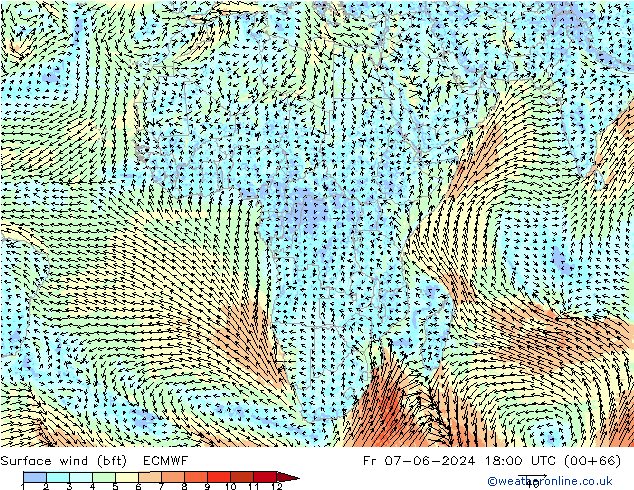 Wind 10 m (bft) ECMWF vr 07.06.2024 18 UTC