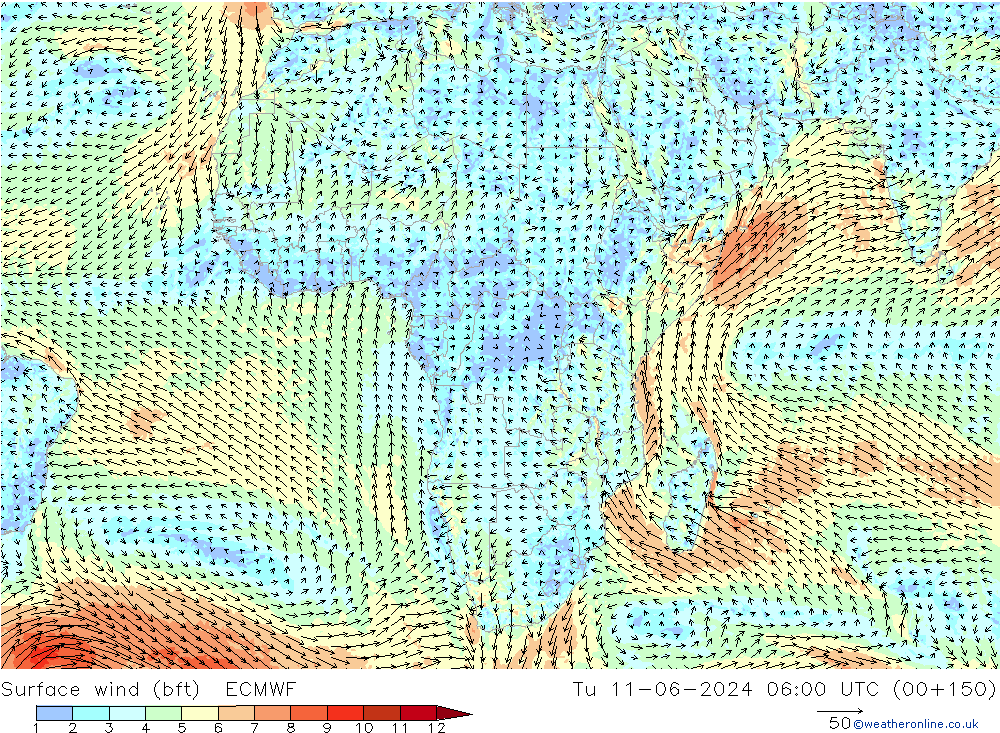 Wind 10 m (bft) ECMWF di 11.06.2024 06 UTC