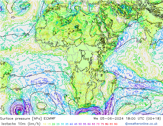 Isotachs (kph) ECMWF Qua 05.06.2024 18 UTC