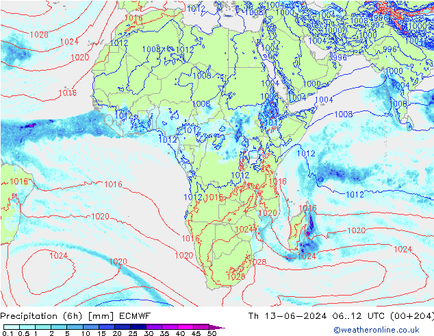 Z500/Rain (+SLP)/Z850 ECMWF czw. 13.06.2024 12 UTC