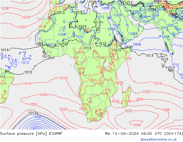 Presión superficial ECMWF mié 12.06.2024 06 UTC