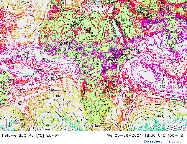 Theta-e 850hPa ECMWF Mi 05.06.2024 18 UTC