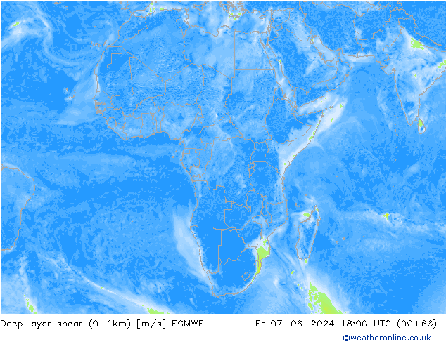 Deep layer shear (0-1km) ECMWF vr 07.06.2024 18 UTC