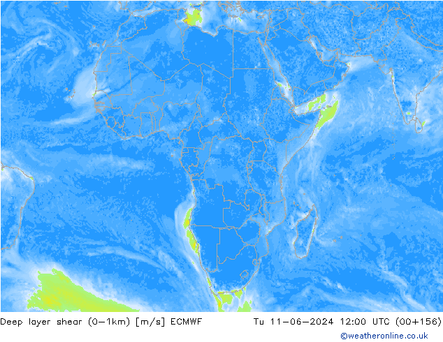 Deep layer shear (0-1km) ECMWF Tu 11.06.2024 12 UTC