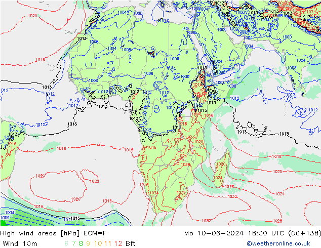 High wind areas ECMWF Po 10.06.2024 18 UTC