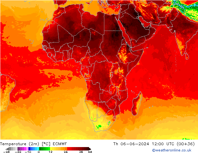 Temperatuurkaart (2m) ECMWF do 06.06.2024 12 UTC