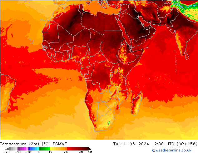 Temperature (2m) ECMWF Tu 11.06.2024 12 UTC