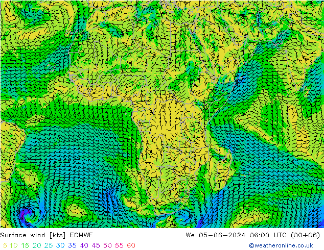 Vento 10 m ECMWF Qua 05.06.2024 06 UTC