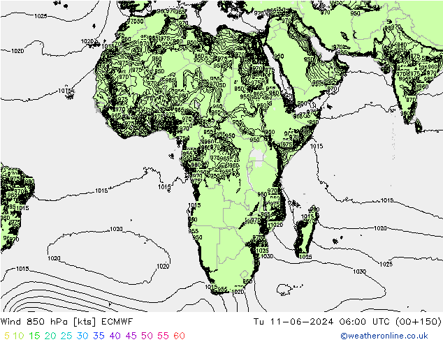 Wind 850 hPa ECMWF Út 11.06.2024 06 UTC