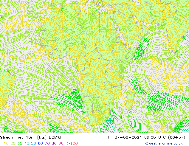 Streamlines 10m ECMWF Fr 07.06.2024 09 UTC