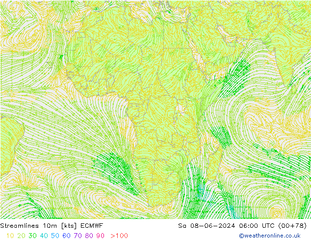 Linia prądu 10m ECMWF so. 08.06.2024 06 UTC