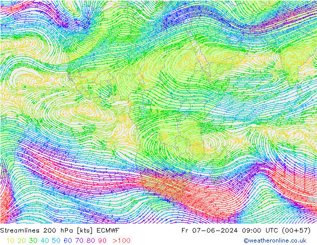 Línea de corriente 200 hPa ECMWF vie 07.06.2024 09 UTC