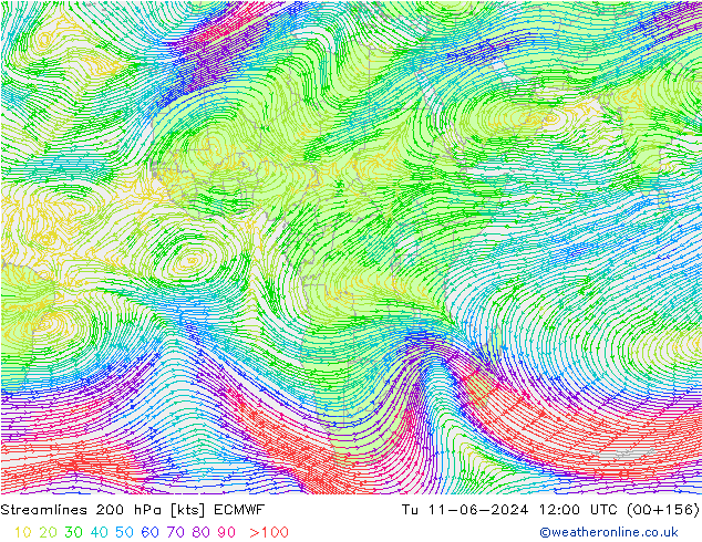 Línea de corriente 200 hPa ECMWF mar 11.06.2024 12 UTC