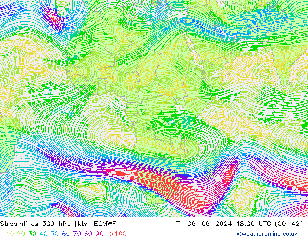 Streamlines 300 hPa ECMWF Th 06.06.2024 18 UTC