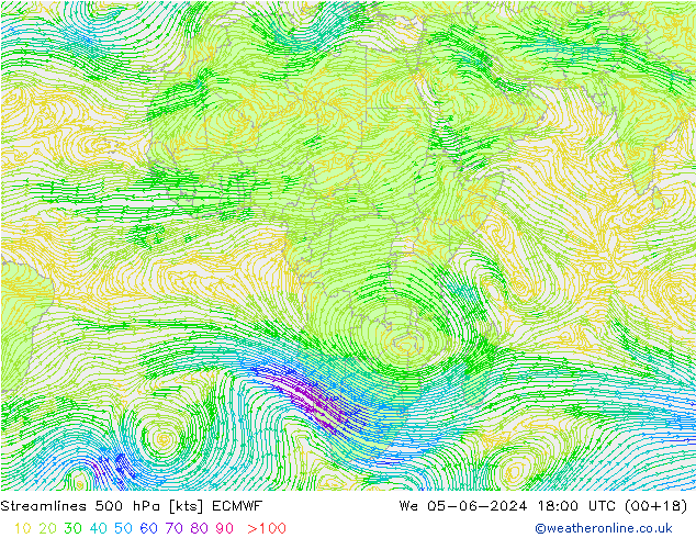Linha de corrente 500 hPa ECMWF Qua 05.06.2024 18 UTC