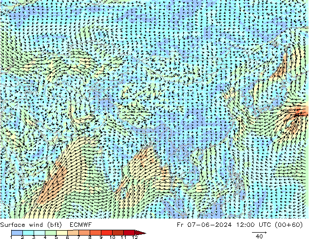 wiatr 10 m (bft) ECMWF pt. 07.06.2024 12 UTC