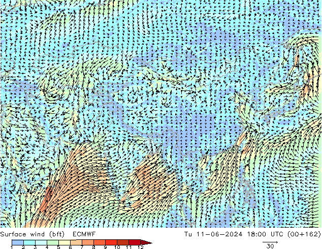 Rüzgar 10 m (bft) ECMWF Sa 11.06.2024 18 UTC