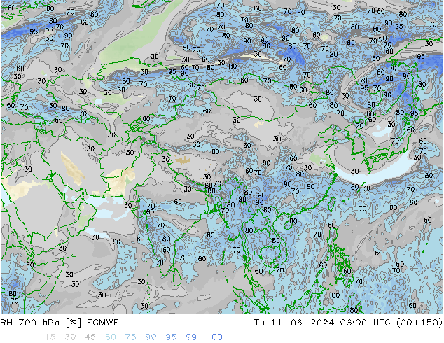 RH 700 hPa ECMWF Di 11.06.2024 06 UTC